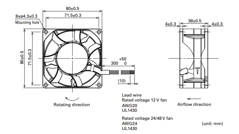 Mechanical Drawing - Sanyo Denki San Ace 80L 9LG High Airflow, Long Life DC Fans